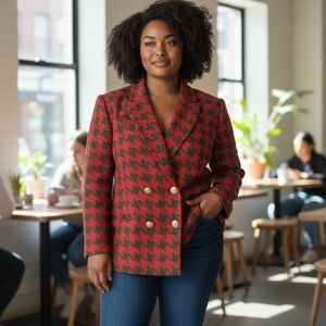 Vintage DONCASTER Silk Holiday Red and Green Houndstooth Silk Blazer & Scarf  16